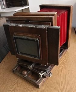 8x10 Wooden View Camera BURKE & JAMES with 355MM F 6.3 Lens and Cap, Rear Movement 5x7 Ground Glass Back