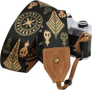Black Green Woven Camera Strap - Double Layer top-grain Cowhide Ends