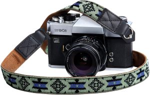 Camera Strap - 1" Pure Cotton Embroidered Woven Straps with Full Grain Cowhide Head