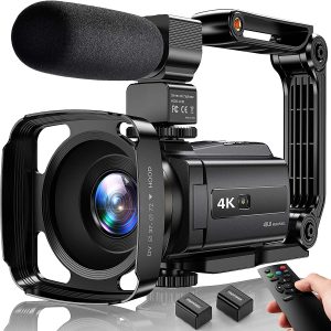 4K Video Camera Camcorder 48MP UHD WiFi IR Night Vision Vlogging Camera for YouTube 16X Digital Zoom Touch Screen Camera Recorder with Microphone, Handheld Stabilizer, Lens Hood, Remote,2 Batteries