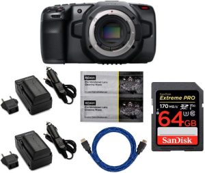 Blackmagic Design Pocket Cinema Camera 6K (Canon EF) with 64GB Pro SD Memory Card, Two LP-E6 Battery and Charger and Accessory Bundle (6 Items)