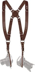 Camera Strap Accessories for Two-Cameras – Dual Shoulder Leather Harness – Multi Camera Gear for DSLR/SLR strap by C Coiro