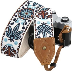 Camera Strap for All DSLR/SLR Cameras - Double Layer top-grain Cowhide Ends,2" Wide Vintage Embroidered Pure Cotton Camera Strap,Adjustable Universal Shoulder&Neck Strap,Great Gift for Photographers