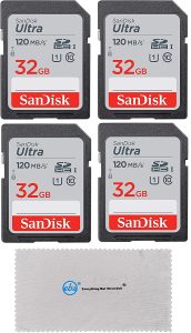 SanDisk 32GB Ultra SD Memory Card (4 Pack) SDHC UHS-I Card 120 MB/s Class 10 (SDSDUN4-032G-GN6IN) Bundle with (1) Everything But Stromboli Micro Fiber Cloth